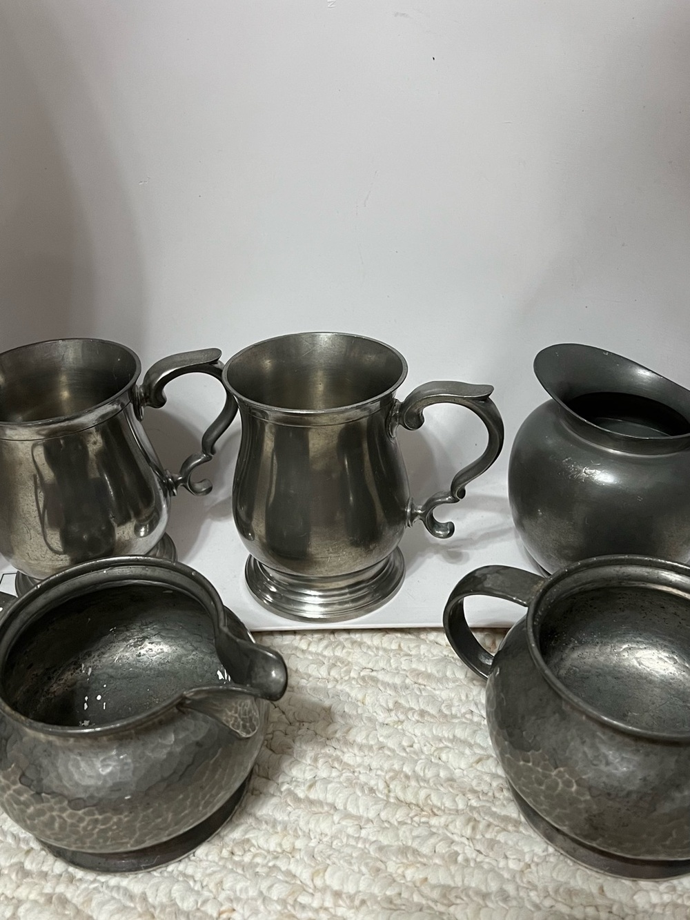 Classic 5 piece Pewter Mug and Creamer Set - Silver Toned